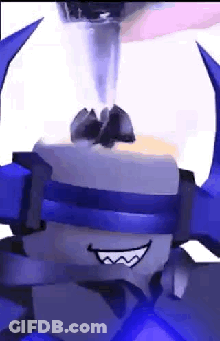 A Close Up Of A Cartoon Character With A Blue Ribbon Around His Eyes And A Smile On His Face . GIF