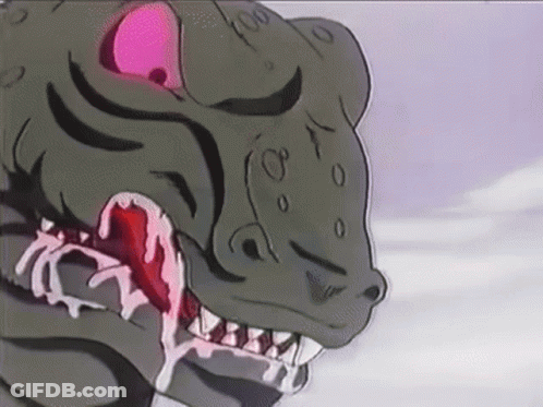 A Close Up Of A Cartoon Character With A Pink Eye And A Mouth Full Of Teeth . GIF