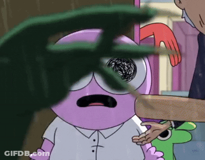 A Close Up Of A Cartoon Character With A Purple Face GIF