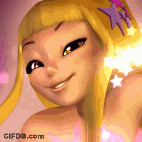 A Close Up Of A Cartoon Character With A Star On Her Head GIF