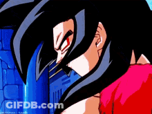 A Close Up Of A Cartoon Character With Black Hair And A Red Shirt GIF