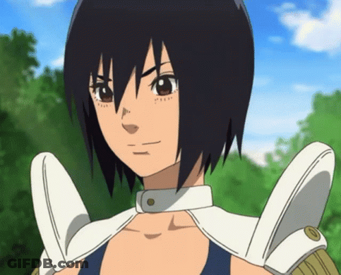 A Close Up Of A Cartoon Character With Black Hair And White Armor GIF