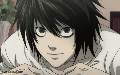 A Close Up Of A Cartoon Character With Black Hair And White Eyes GIF
