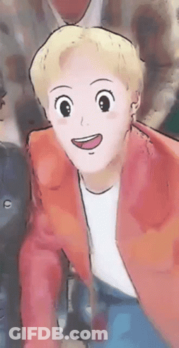A Close Up Of A Cartoon Character With Blonde Hair And A Red Jacket GIF