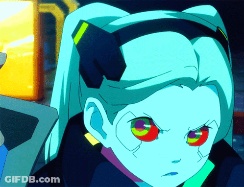 A Close Up Of A Cartoon Character With Blue Hair GIF