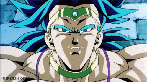 A Close Up Of A Cartoon Character With Blue Hair And A Green Necklace GIF