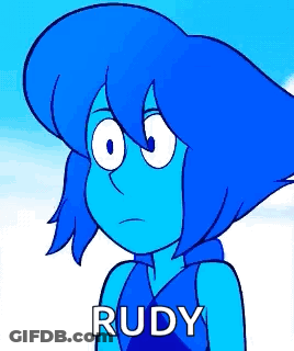A Close Up Of A Cartoon Character With Blue Hair And The Word Rudy Written On It . GIF