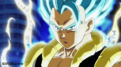 A Close Up Of A Cartoon Character With Blue Hair And Yellow Armor GIF