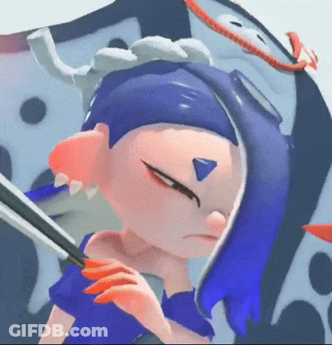 A Close Up Of A Cartoon Character With Blue Hair Holding A Sword GIF
