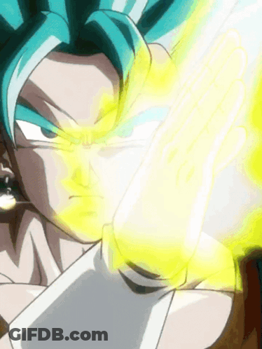 A Close Up Of A Cartoon Character With Blue Hair Holding A Yellow Object GIF
