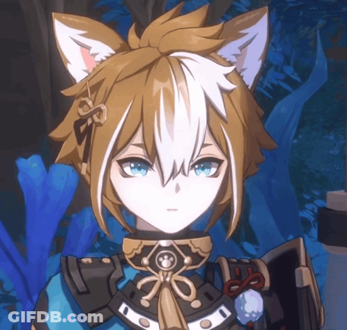 A Close Up Of A Cartoon Character With Cat Ears And Blue Eyes GIF