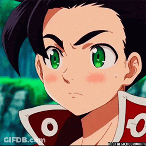 A Close Up Of A Cartoon Character With Green Eyes And A Red Jacket With The Letter O On It GIF