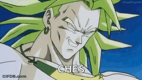A Close Up Of A Cartoon Character With Green Hair And The Words `` Ches '' . GIF
