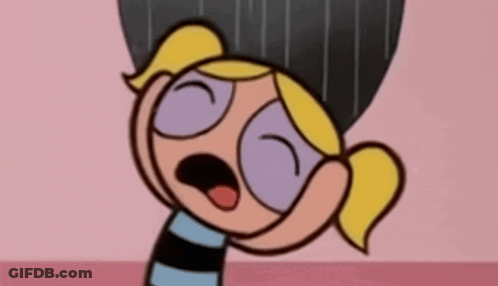A Close Up Of A Cartoon Character With Her Eyes Closed And Her Mouth Open GIF