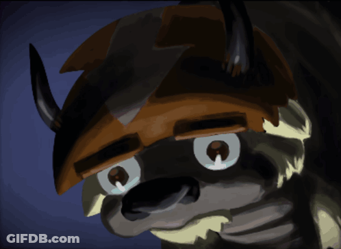 A Close Up Of A Cartoon Character With Horns And A Sad Look On His Face GIF