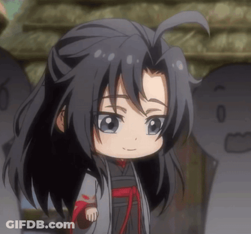 A Close Up Of A Cartoon Character With Long Black Hair And Blue Eyes GIF
