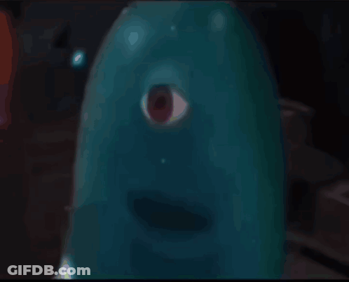 A Close Up Of A Cartoon Character With One Eye GIF
