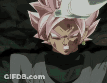 A Close Up Of A Cartoon Character With Pink Hair And A Black Shirt . GIF