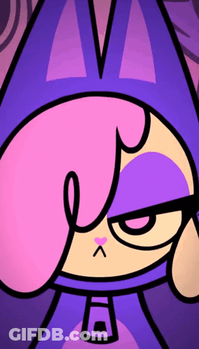A Close Up Of A Cartoon Character With Pink Hair And Purple Eyes GIF