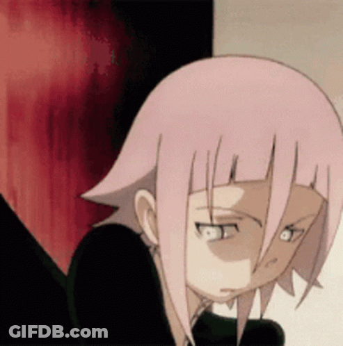 A Close Up Of A Cartoon Character With Pink Hair And White Eyes GIF