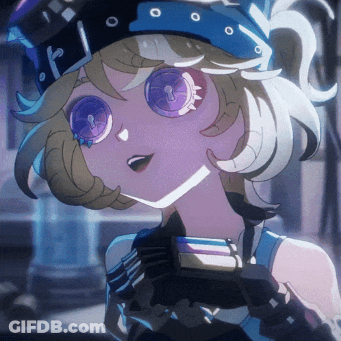 A Close Up Of A Cartoon Character With Purple Eyes And A Hat GIF