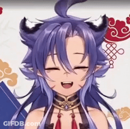 A Close Up Of A Cartoon Character With Purple Hair And Black Ears . GIF