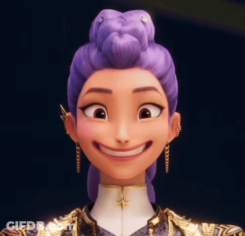 A Close Up Of A Cartoon Character With Purple Hair And Earrings Smiling . GIF