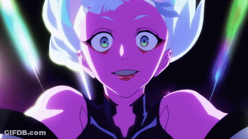 A Close Up Of A Cartoon Character With Purple Hair And Green Eyes GIF