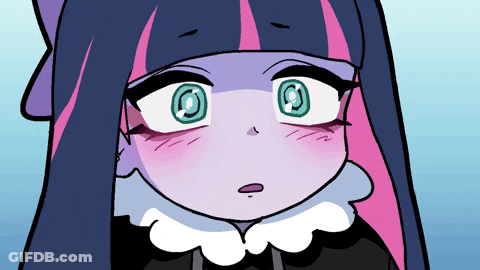 A Close Up Of A Cartoon Character With Purple Hair GIF