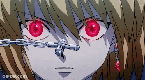 A Close Up Of A Cartoon Character With Red Eyes And A Chain Around His Nose GIF