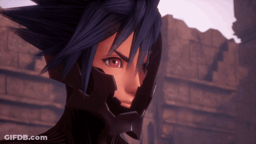 A Close Up Of A Cartoon Character With Red Eyes And Black Hair GIF