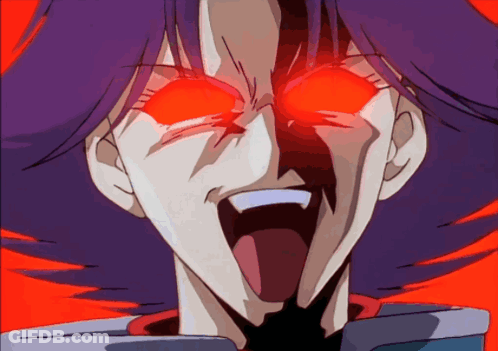 A Close Up Of A Cartoon Character With Red Eyes GIF