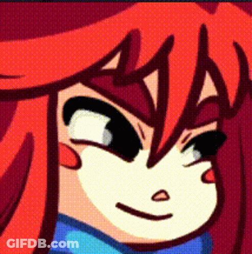 A Close Up Of A Cartoon Character With Red Hair And A Blue Scarf GIF