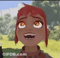 A Close Up Of A Cartoon Character With Red Hair And Orange Eyes . GIF