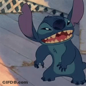 A Close Up Of A Cartoon Character With Stitch Written On It GIF