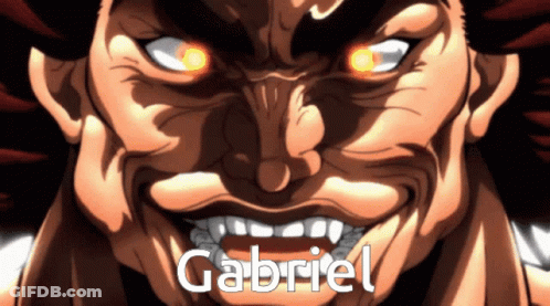 A Close Up Of A Cartoon Character With The Name Gabriel On His Face GIF