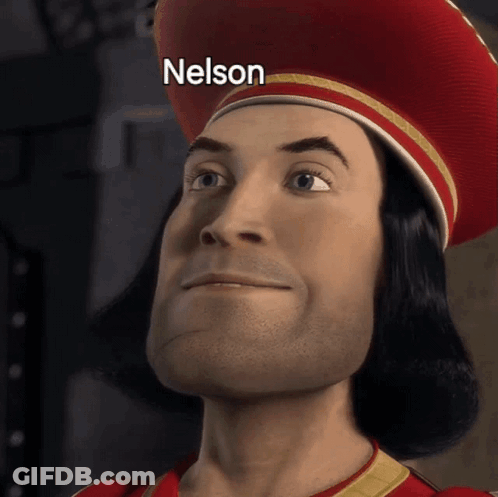 A Close Up Of A Cartoon Character With The Name Nelson On It GIF