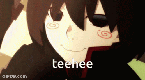 A Close Up Of A Cartoon Character With The Word Teehee Below It GIF