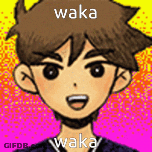 A Close Up Of A Cartoon Character With The Word Waka On It GIF