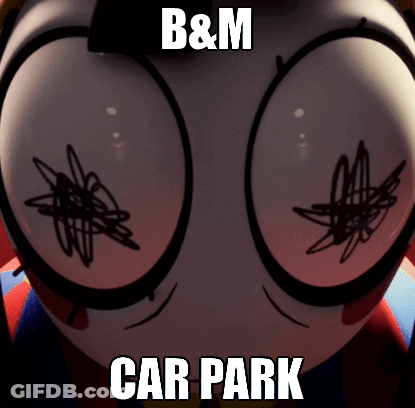 Cartoon Character With B & M Car Park Text GIF