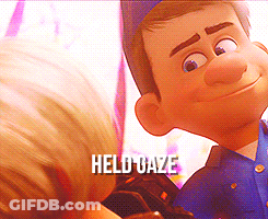 A Close Up Of A Cartoon Character With The Words Held Gaze Written On The Bottom GIF