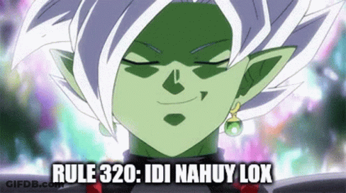 A Close Up Of A Cartoon Character With The Words Rule 320 : Idi Nahuy Lox Above Him GIF