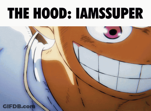 A Close Up Of A Cartoon Character With The Words " The Hood Iamssuper " Below It GIF