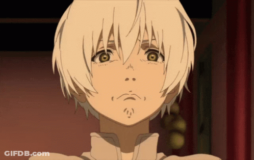 A Close Up Of A Cartoon Character With White Hair GIF