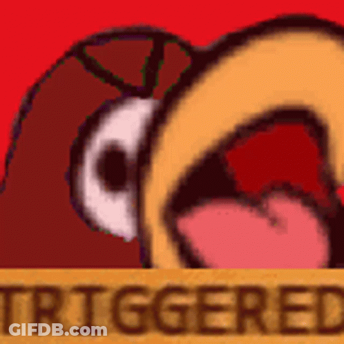 A Close Up Of A Cartoon Chicken With Its Mouth Open And The Word Triggered In The Corner . GIF