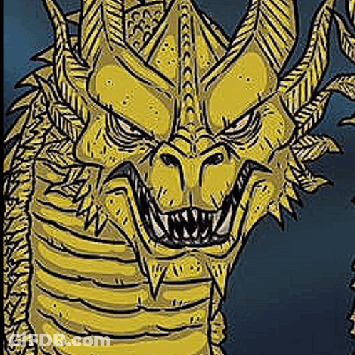 A Close Up Of A Cartoon Drawing Of A Yellow Dragon With Horns And Teeth . GIF