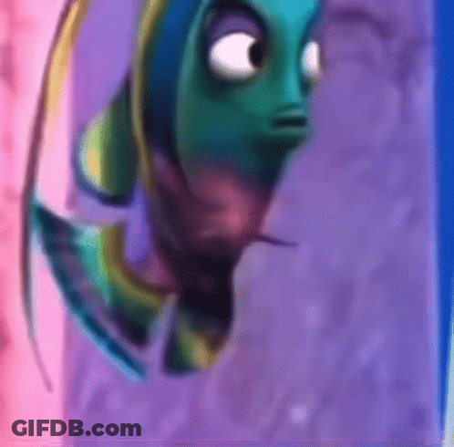 A Close Up Of A Cartoon Fish On A Purple And Pink Background GIF