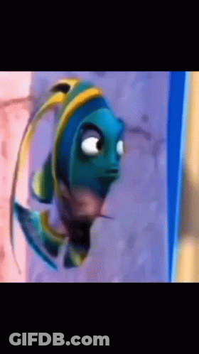 A Close Up Of A Cartoon Fish With A Blue And Yellow Head GIF