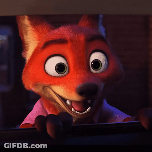 A Close Up Of A Cartoon Fox 'S Face GIF