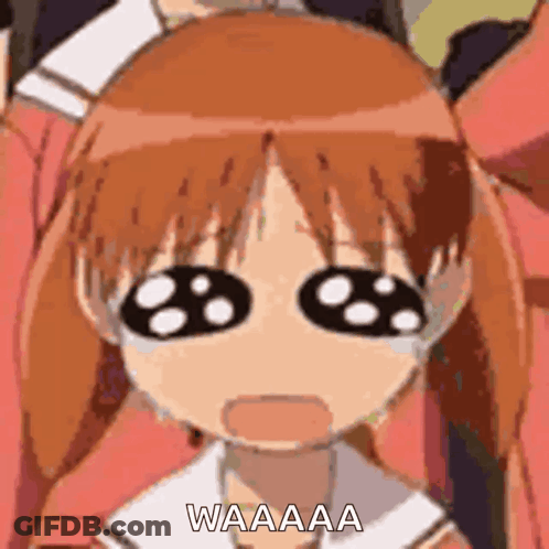 A Close Up Of A Cartoon Girl With Big Eyes And The Words Waaaa On Her Face . GIF